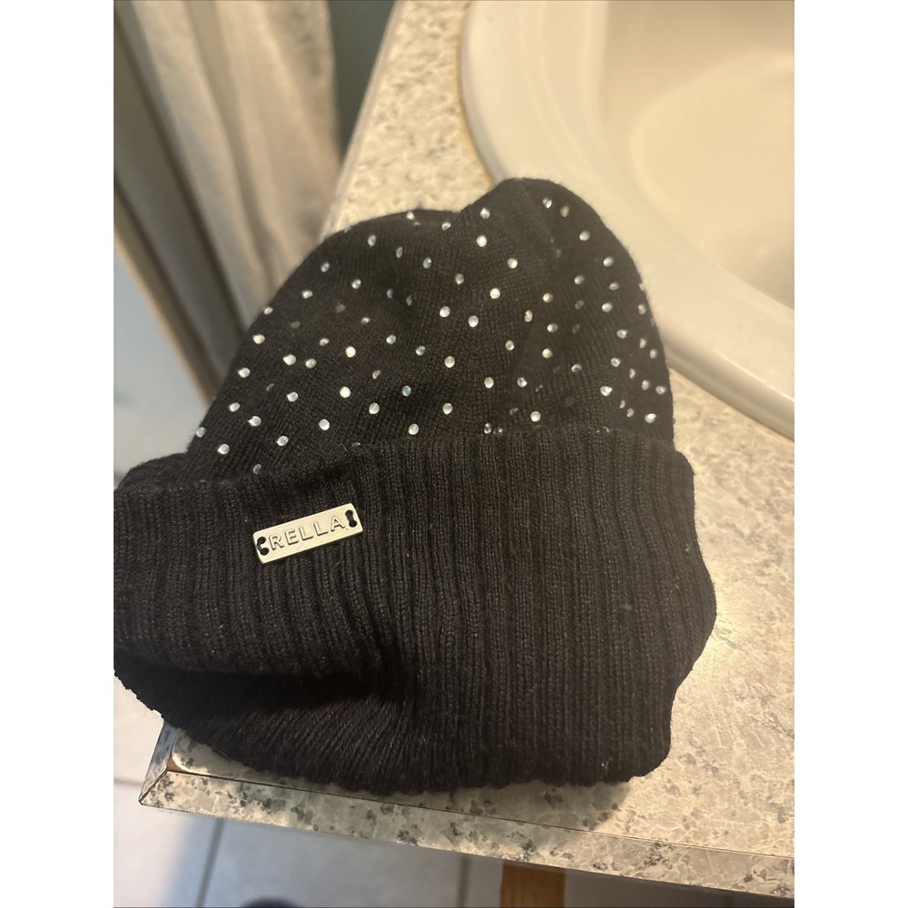 Rella Beanie Hat Womens Black Pearl Studded